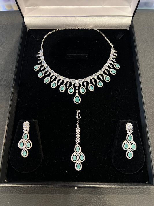 American Diamond Necklace Set - Silver/Mint