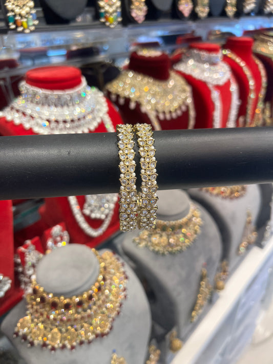 Kundan Pearl Bangles - Gold/White