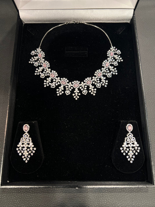 American Diamond Necklace Set - Silver/Pink