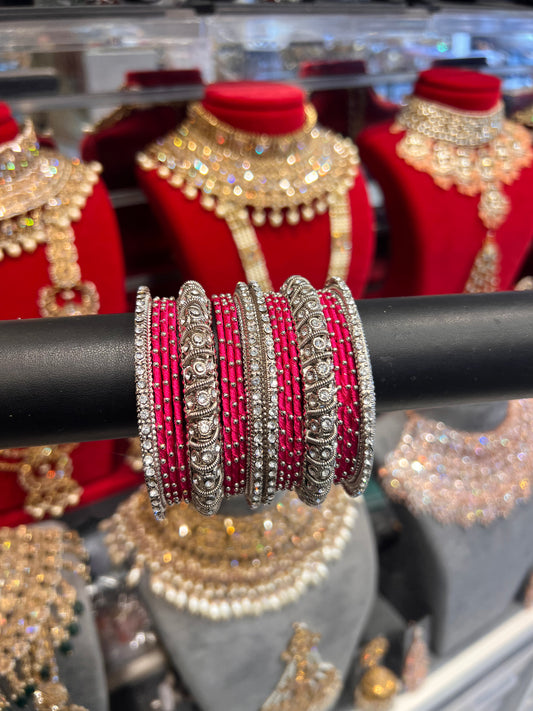 Silver/Hot Pink Thread Bangle Stack