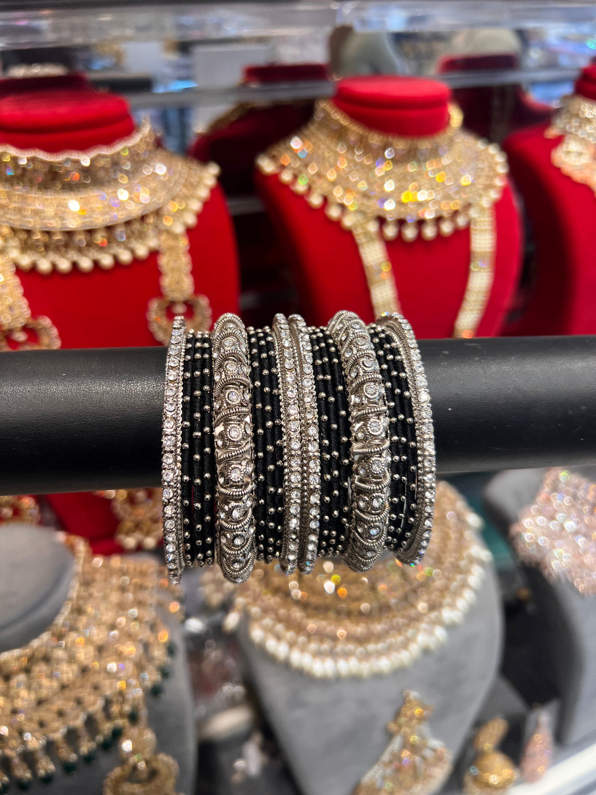 Silver/Black Thread Bangle Stack