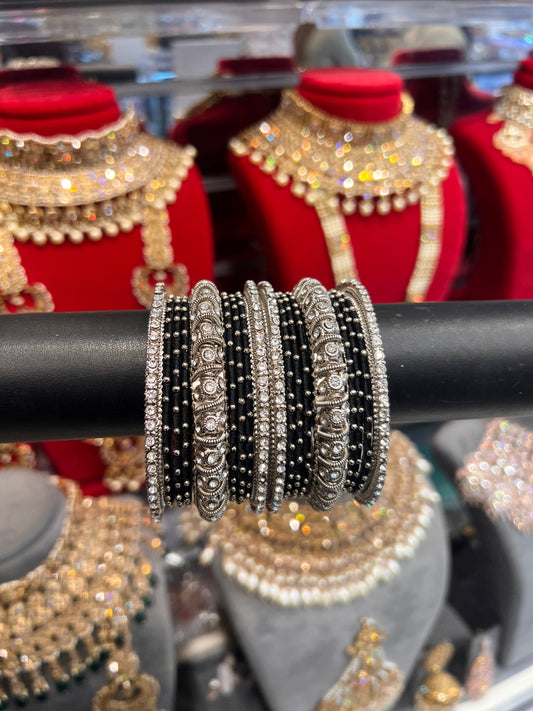 Silver/Black Thread Bangle Stack