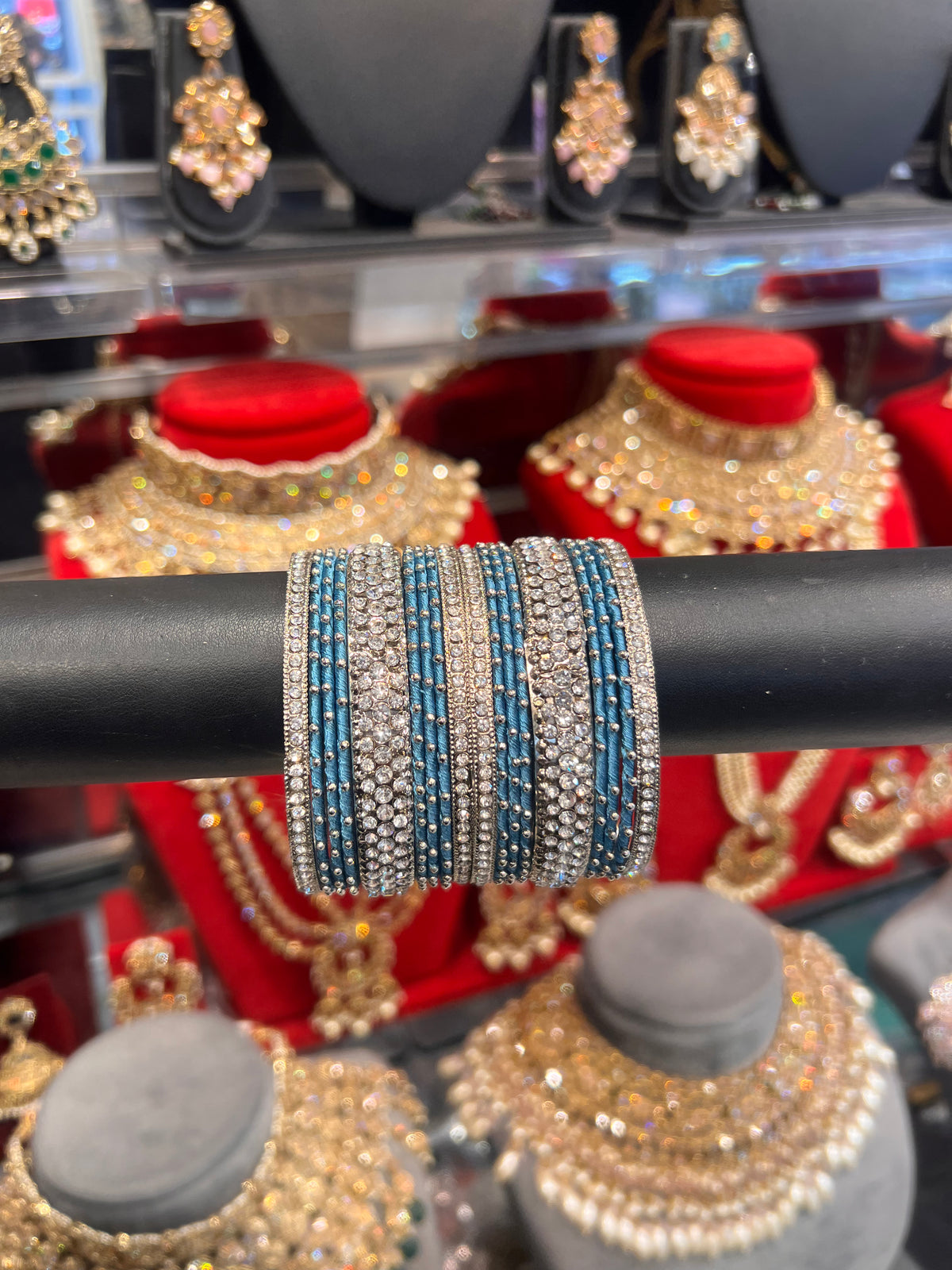 Silver/Aqua Thread Bangle Stack
