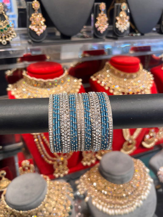 Silver/Aqua Thread Bangle Stack