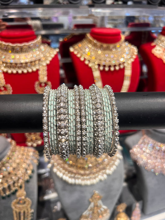 Silver/Mint Thread Bangle Stack