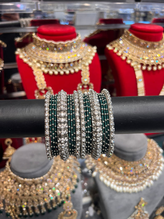 Silver/Green Thread Bangle Stack